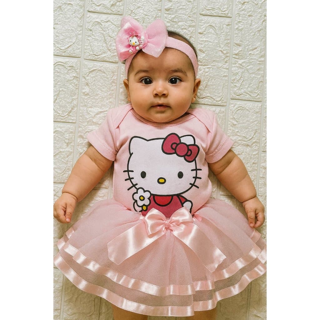 Body Temático Bebê Hello Kitty com Tule & Laço de Luxo Kit Mesversário