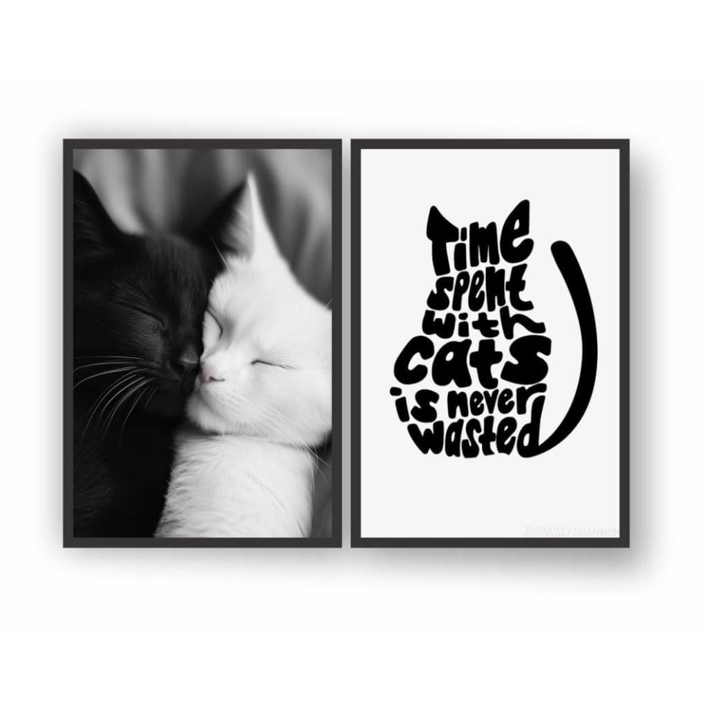 Quadro Decorativo Kit 2 Peças Gatinhos Irmãos Cat Cut Preto e Branco Frase