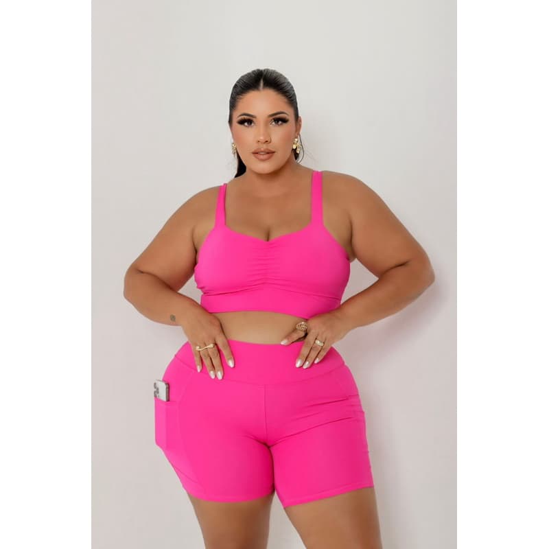 Conjunto Short de academia plus size zero transparência poliamida encorpado premium fitness Moda feminina