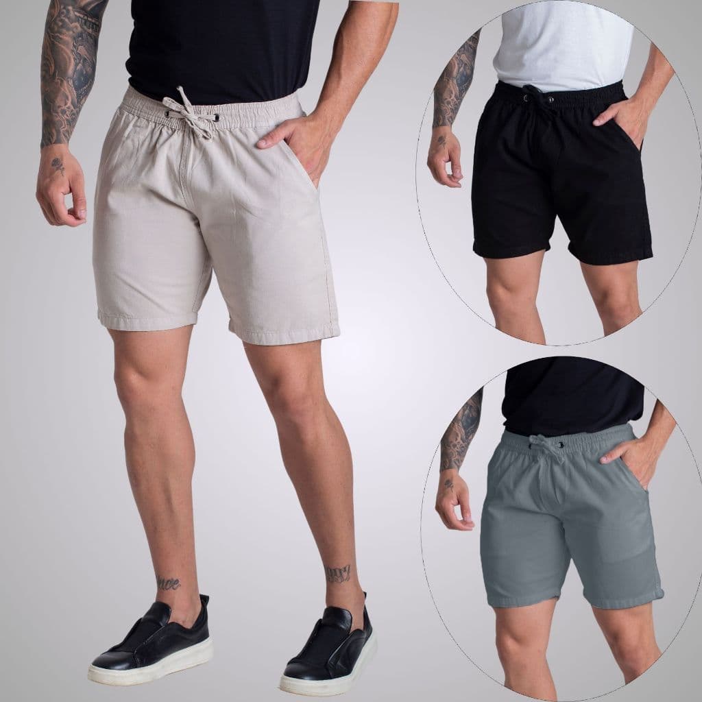 Kit 3 Short Mauricinho Sarja Brim Bermuda Masculina Colorida