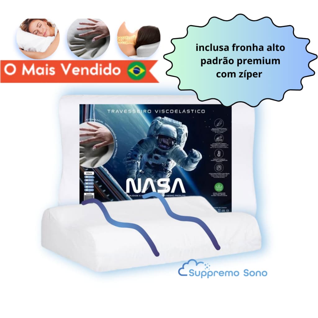 Travesseiro Nasa CERVICAL Viscoelastico Alto Conforto Anatômico Ortopédico Capa c/ zíper LUXO