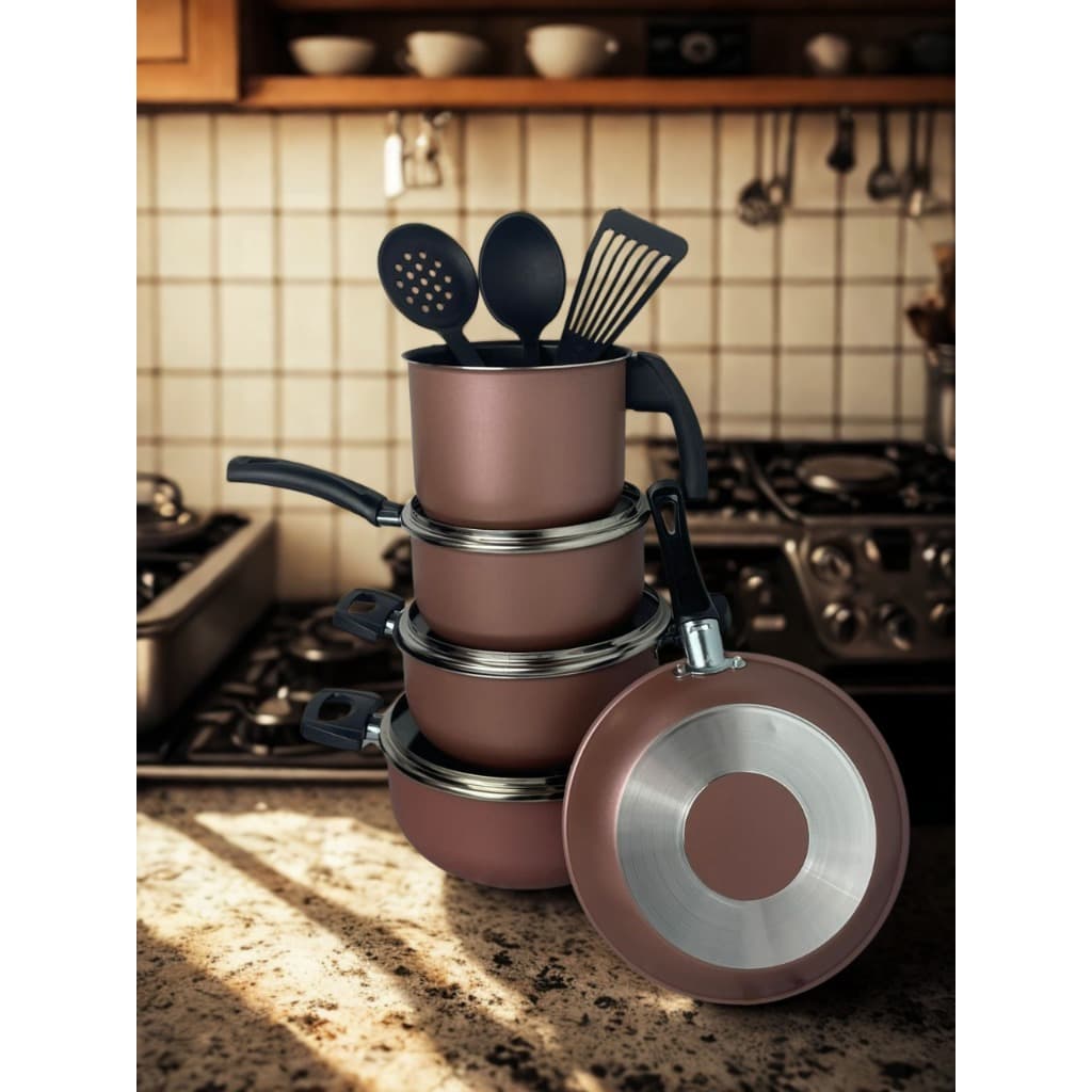 Kit Panelas Antiaderentes - ROSE & PRETO com Tampas de Vidro ( Jogo com 8 peças, com 5 camadas de Teflon Premium)
