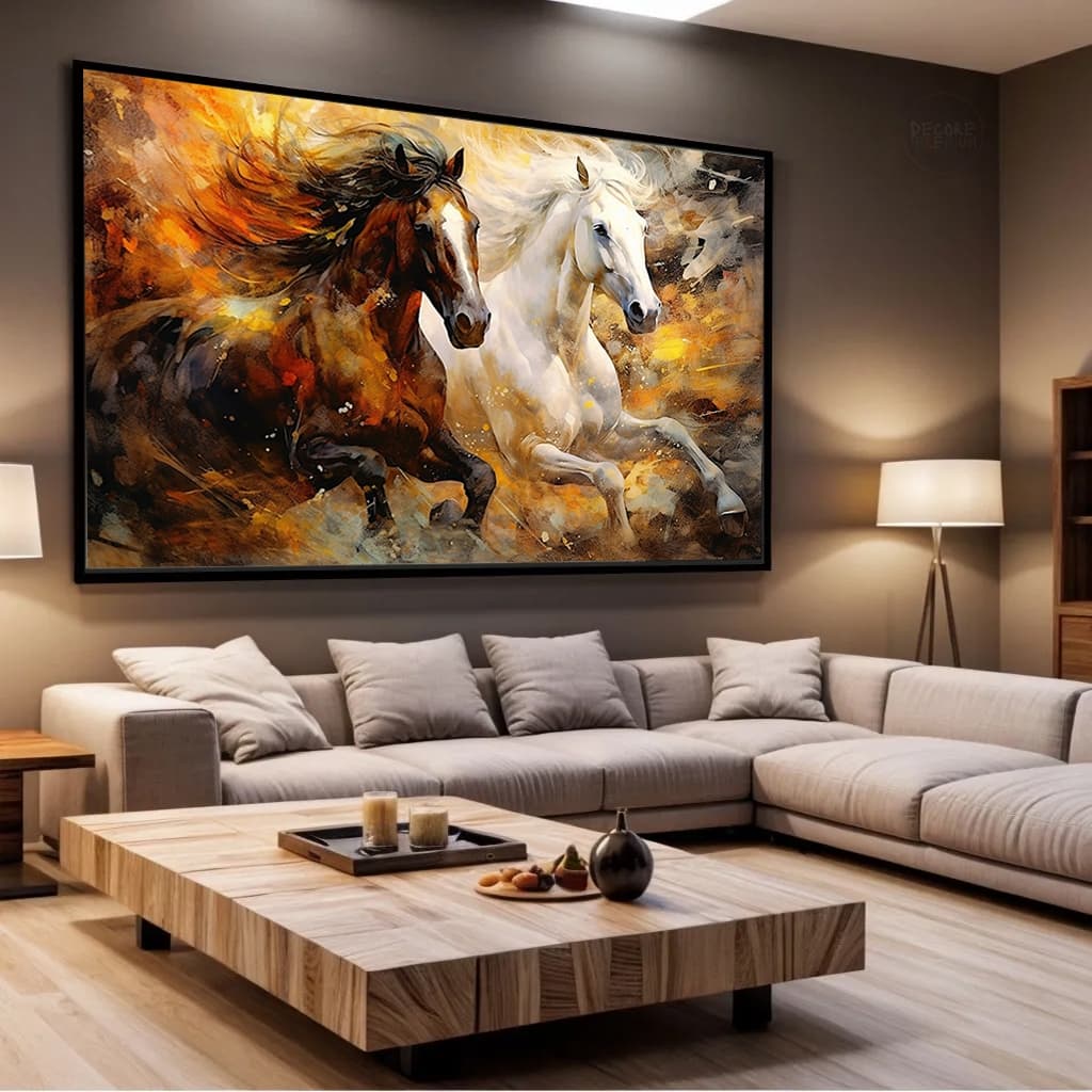 Quadro Decorativo Canvas Fazenda Grande Casal Cavalos Estilo Pintura Rustico