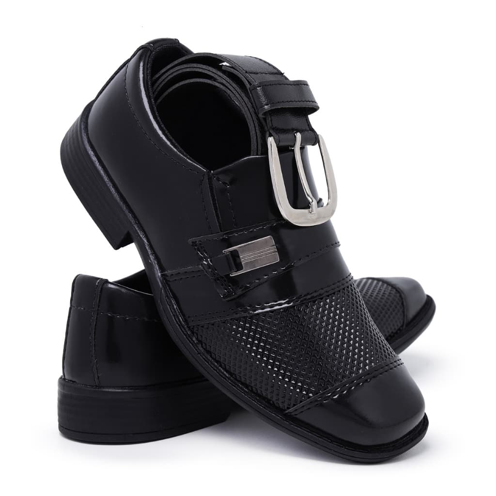 Kit Sapato Social Infantil Masculino 444 Com Cinto Black Friday Elástico Gravata