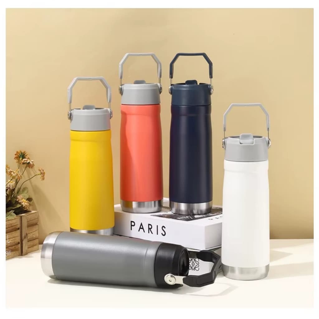 Garrafa Térmica 650 ML Parede Dupla  Aço Inox E Bico Flip C/ Canudo