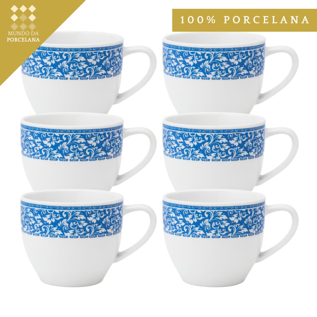 Kit 6 Xícaras Porcelana Decorada 170ml Café Chá Estilo Clássico Floral Decoraçao