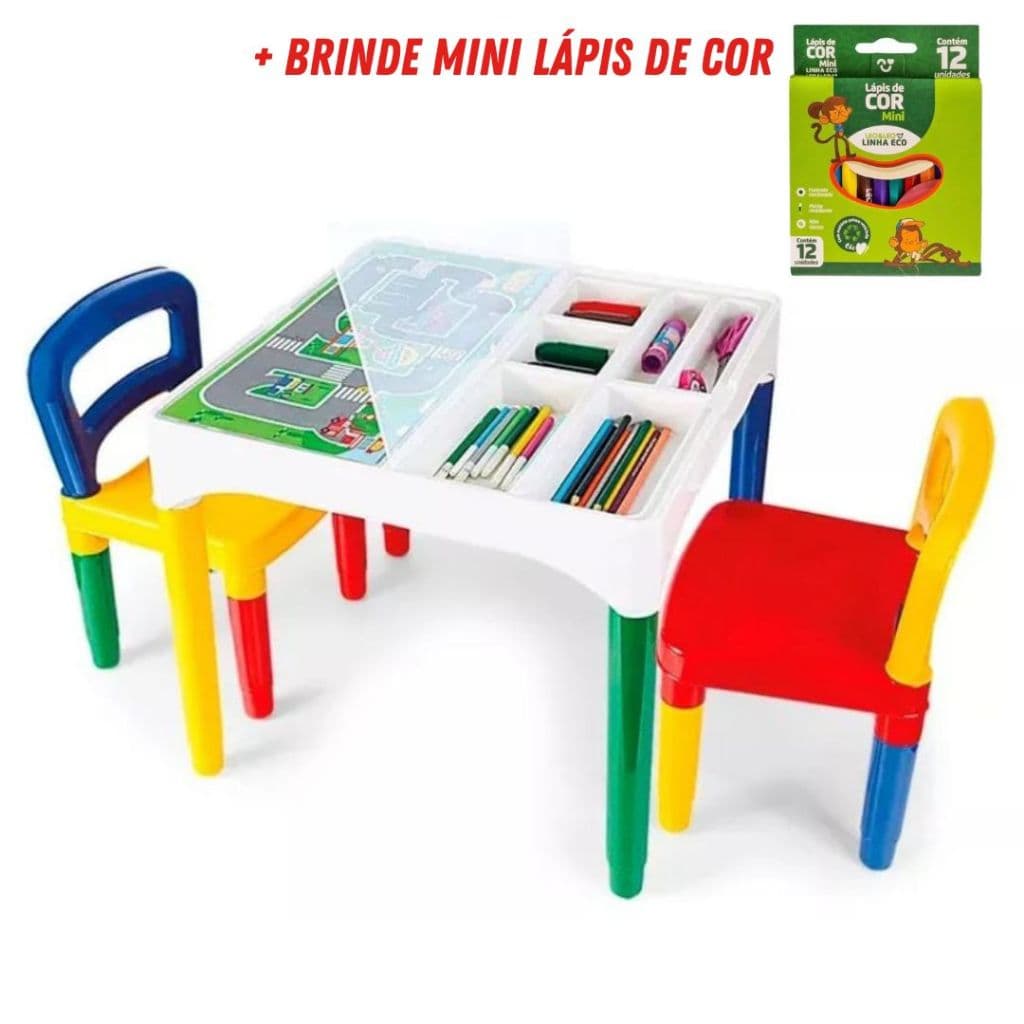 Mesa Mesinha Infantil Educativa Poliplac com duas cadeiras + Brinde Míni Lápis de Cor - Envio Imediato