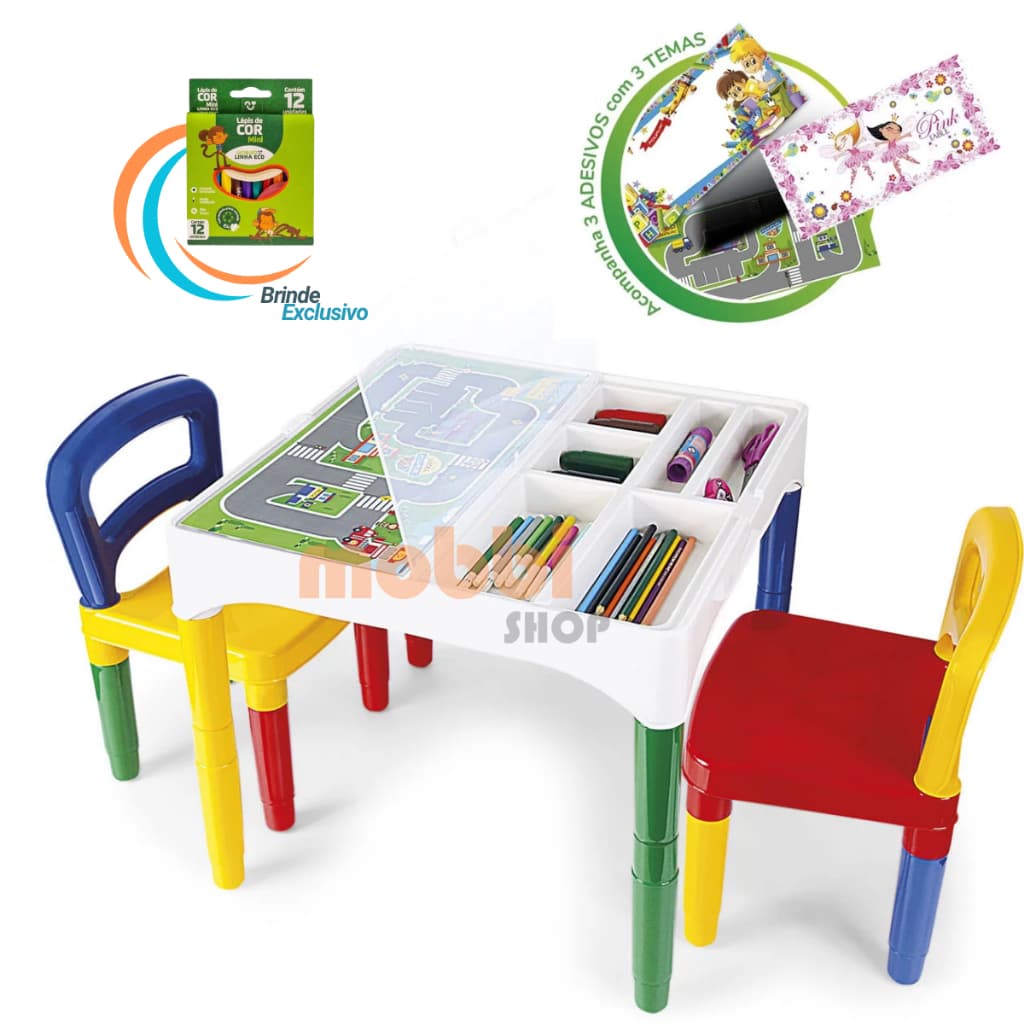 Mesinha Mesa Infantil Didática com 2 Cadeiras Poliplac + Brinde Mini Lápis de Cor