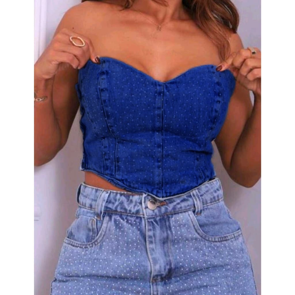Cropped Jeans Feminina Top Com Brilho Com Elástico Cor Escura