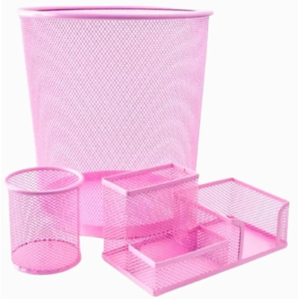 Kit Escritório Lixeira 10L +Porta Treco Porta Lápis Mesa- Cor Rosa (lixeira+3 Divisões ou 4 Divisões + Porta Caneta)