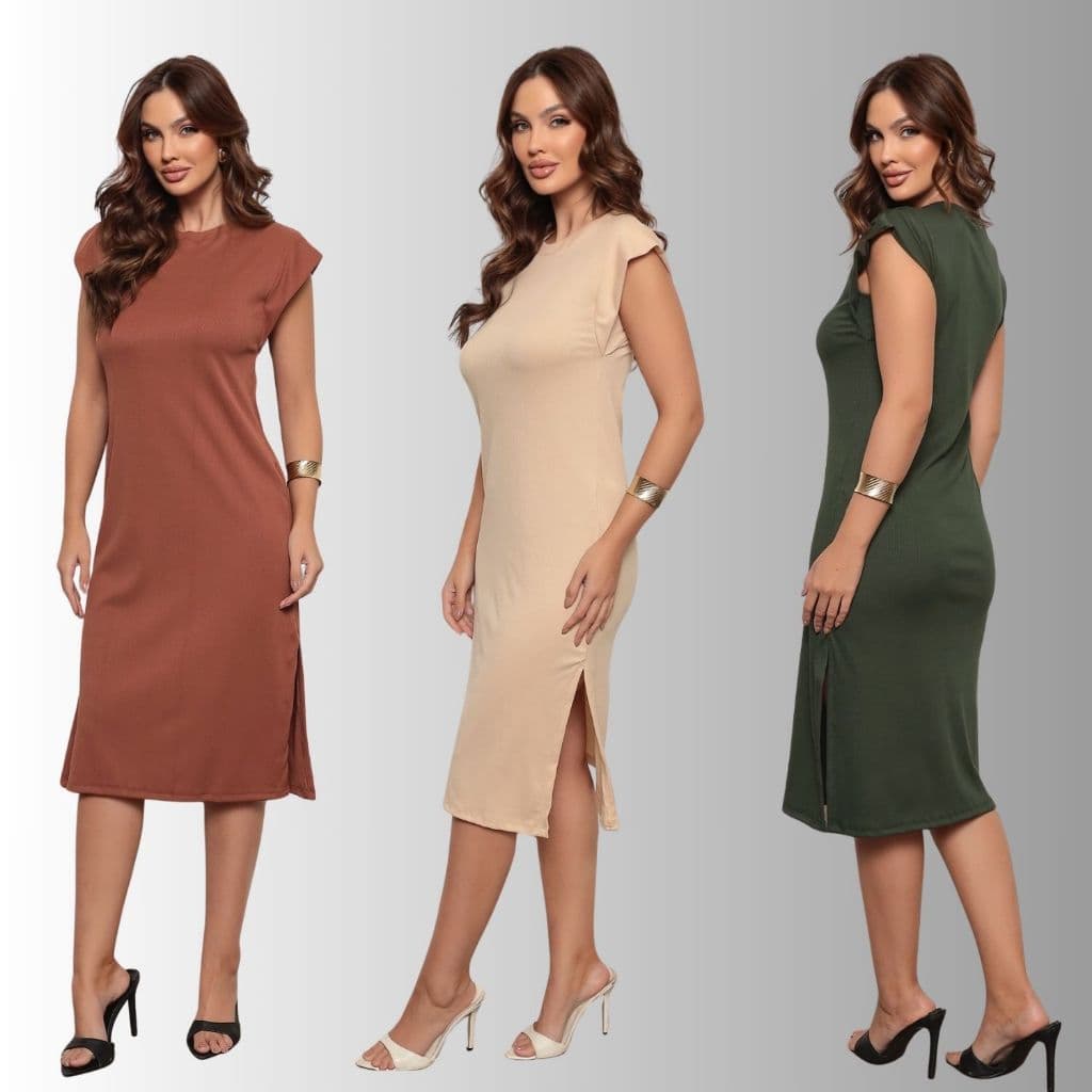 Vestido Midi Feminino Malha Canelada Premium Muscle Tee Casual Elegante Confortável