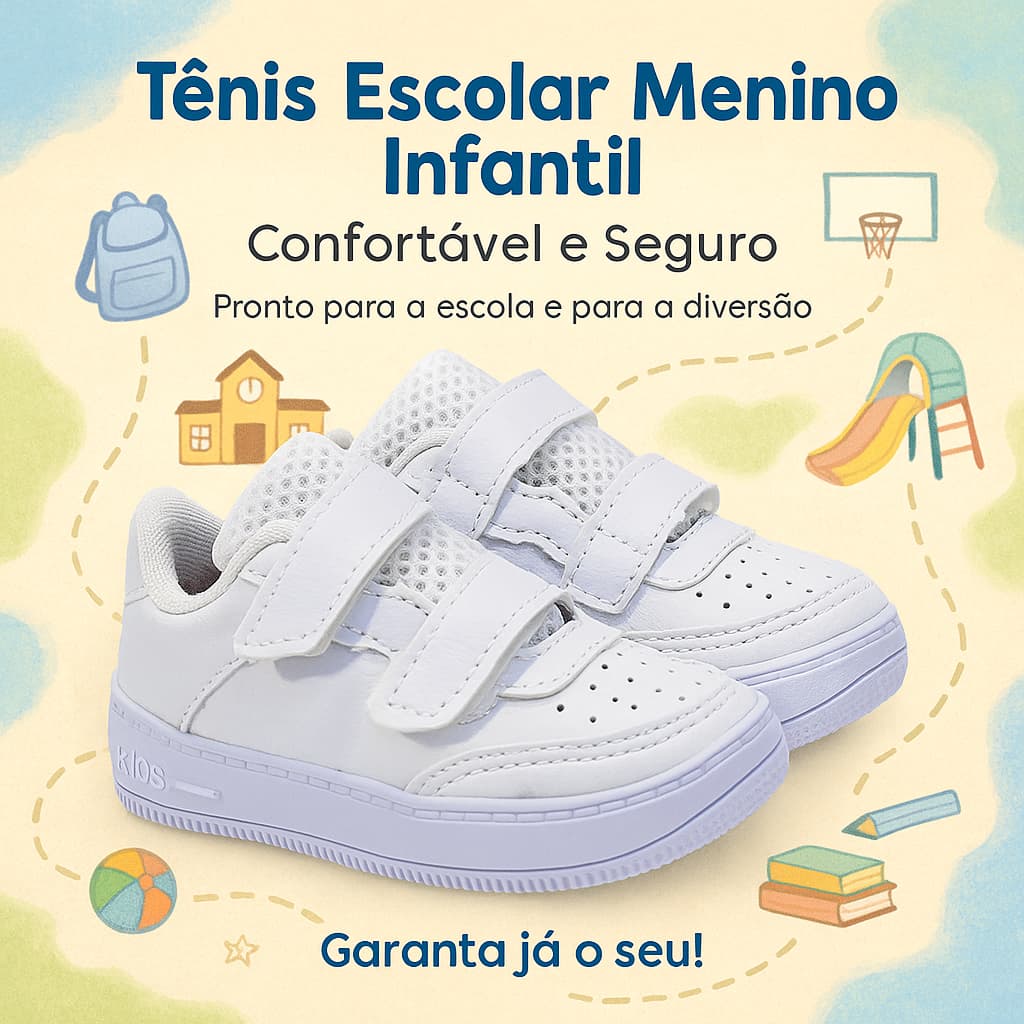 Tênis Escolar Velcro Branco Infantil Menino - Confortável Dia a Dia - 20 ao 33 Envio Imediato