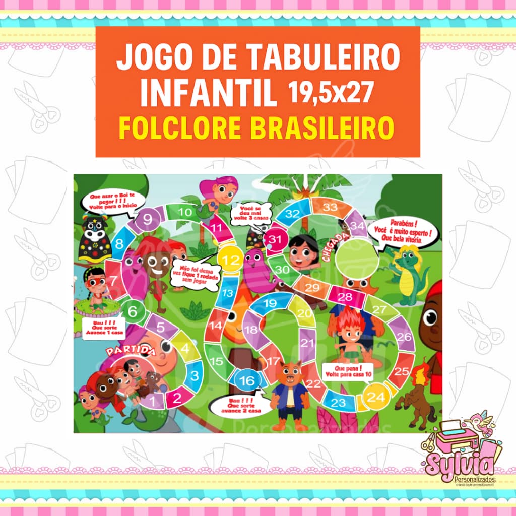 Jogo de Tabuleiro Infantil | Tema Folclore Brasileiro com Dado e 3 Pinos Coloridos