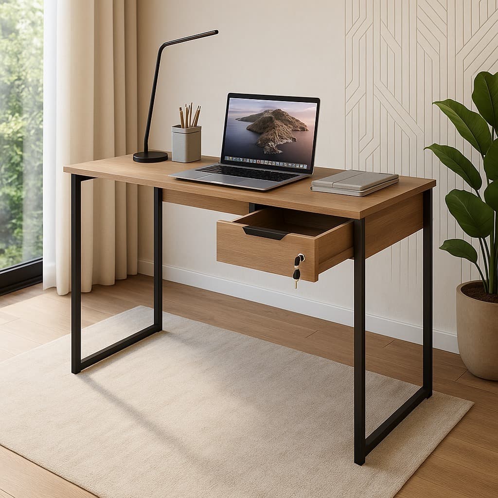 Mesa Escrivaninha Moderna Industrial Homme Office Pés De Metal Gaveta Com Chave