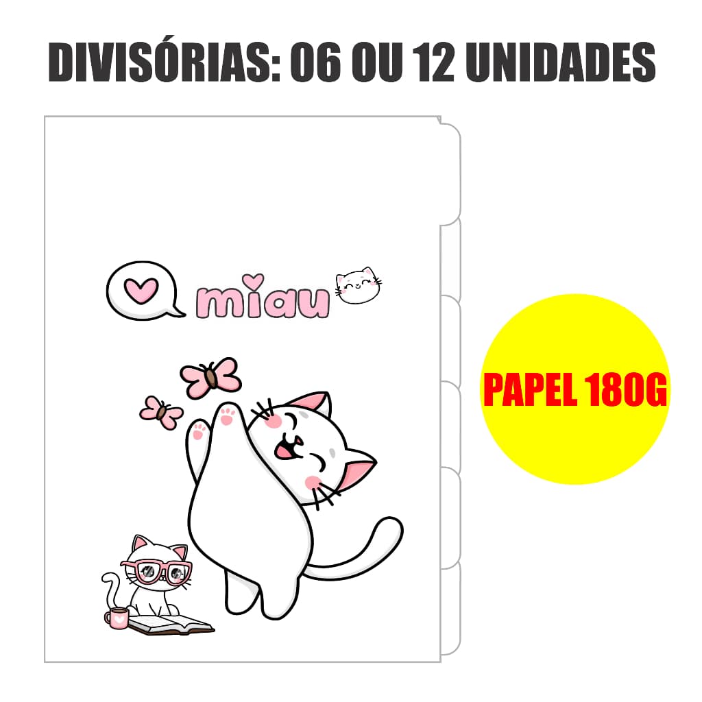 Divisórias Tamanho Colegial Papel 180Gramas Grosso - Vaquinha - Escolha 6 ou 12 Unidades - Gatinha
