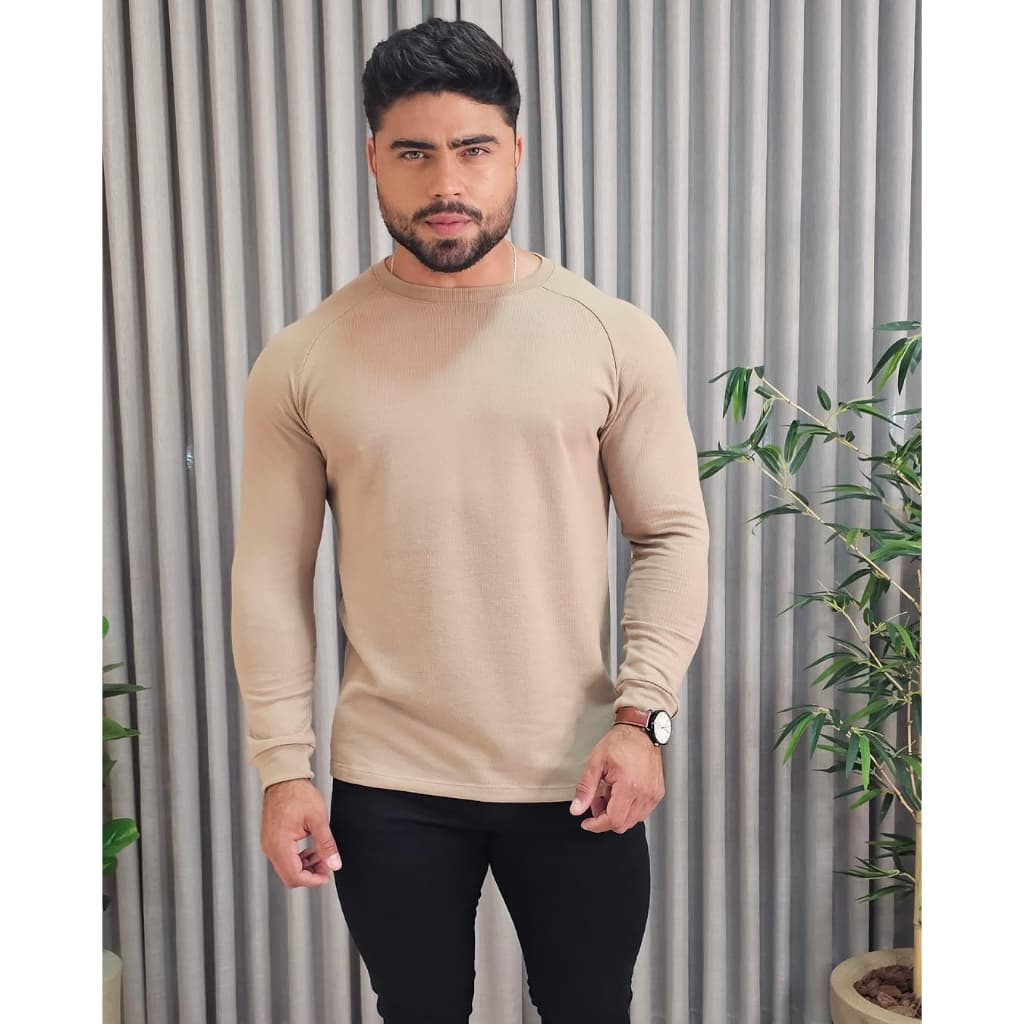 Blusa Masculina Manga Longa Raglan Gola Redonda Toque de Algodão Inverno