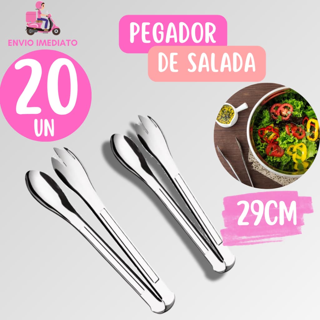 Kit 20 Pegador de Inox Multiuso de 29cm Cabo Longo em Aco Inox para Salada Carne Frutas Cozinha Restaurante