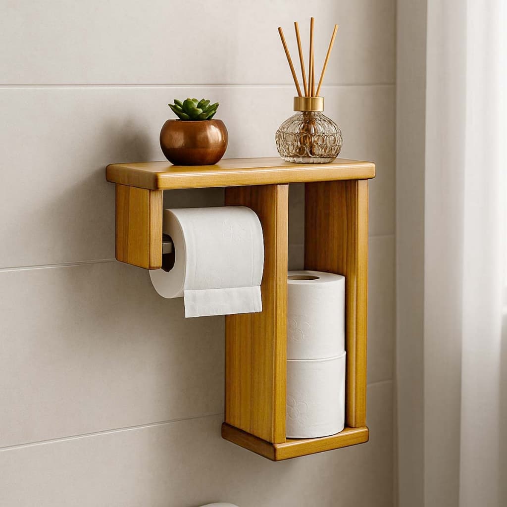 Suporte Porta Papel Higiênico de Parede Madeira Triplo Banheiro Moderno