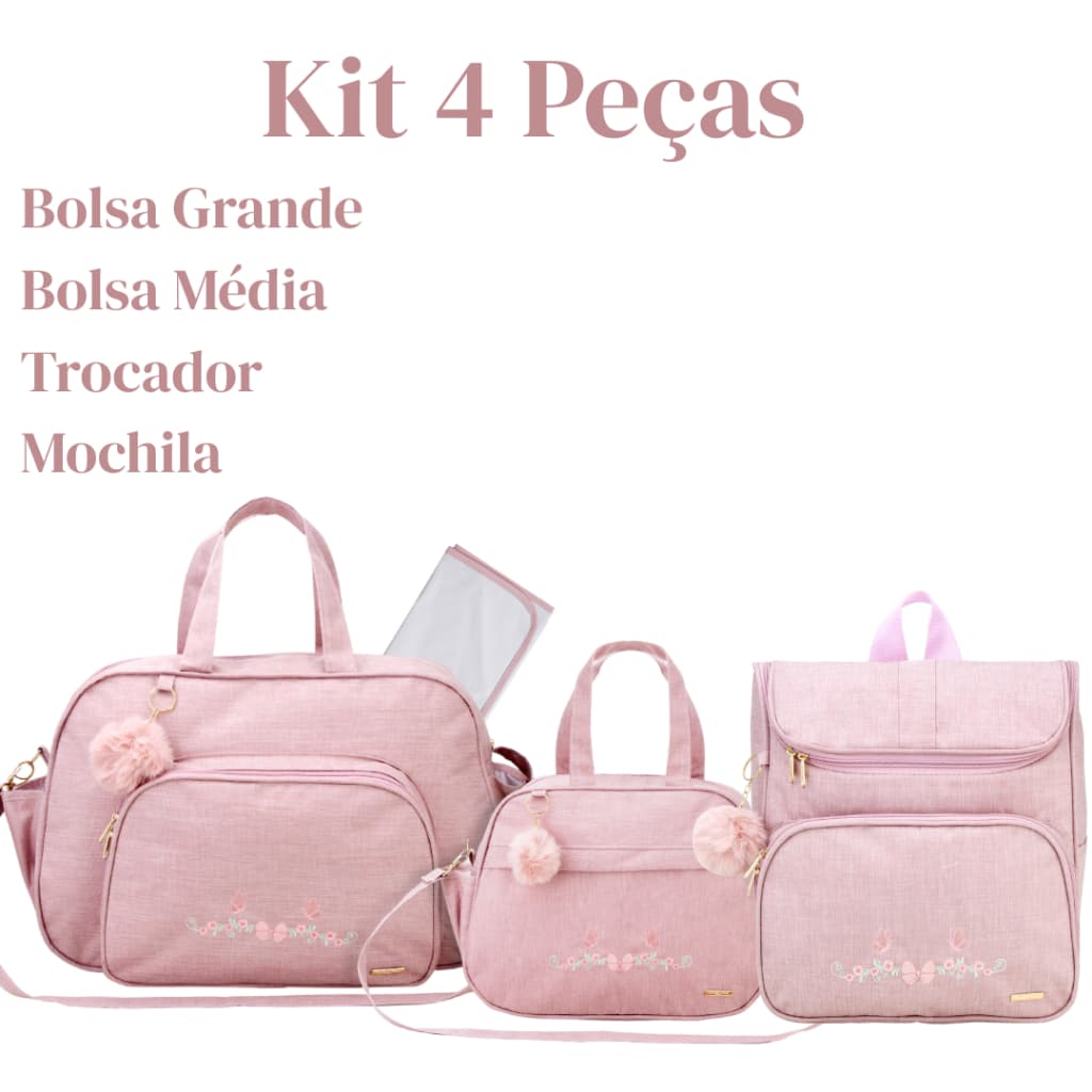 Kit Maternidade 4 Peças Bolsa Frasqueira Trocador e Mochila Rosa Tendência