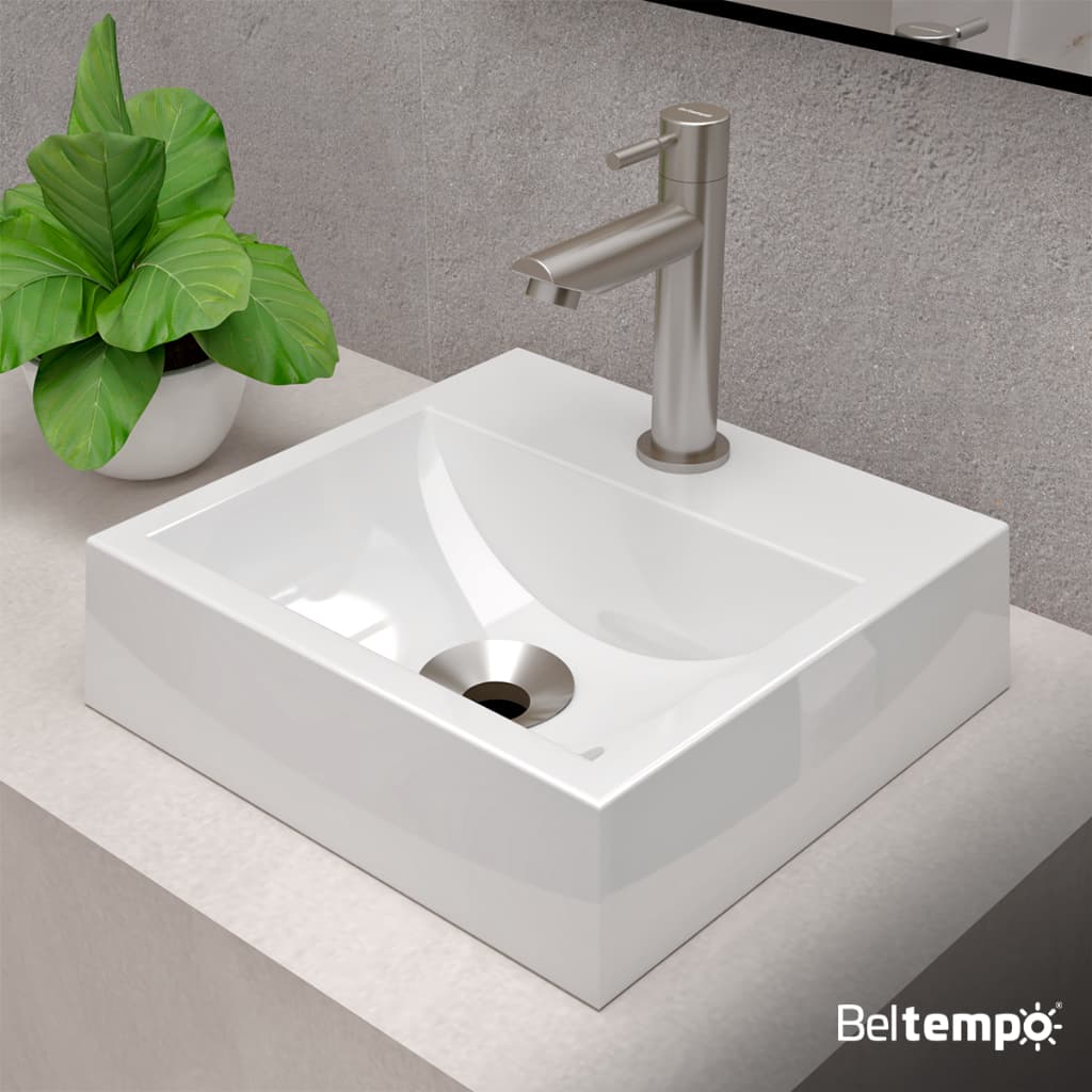 Kit Cuba Pia de Apoio Sobrepor Quadrada 32x30 Banheiro Lavabo C/ Torneira e Válvula Beltempo