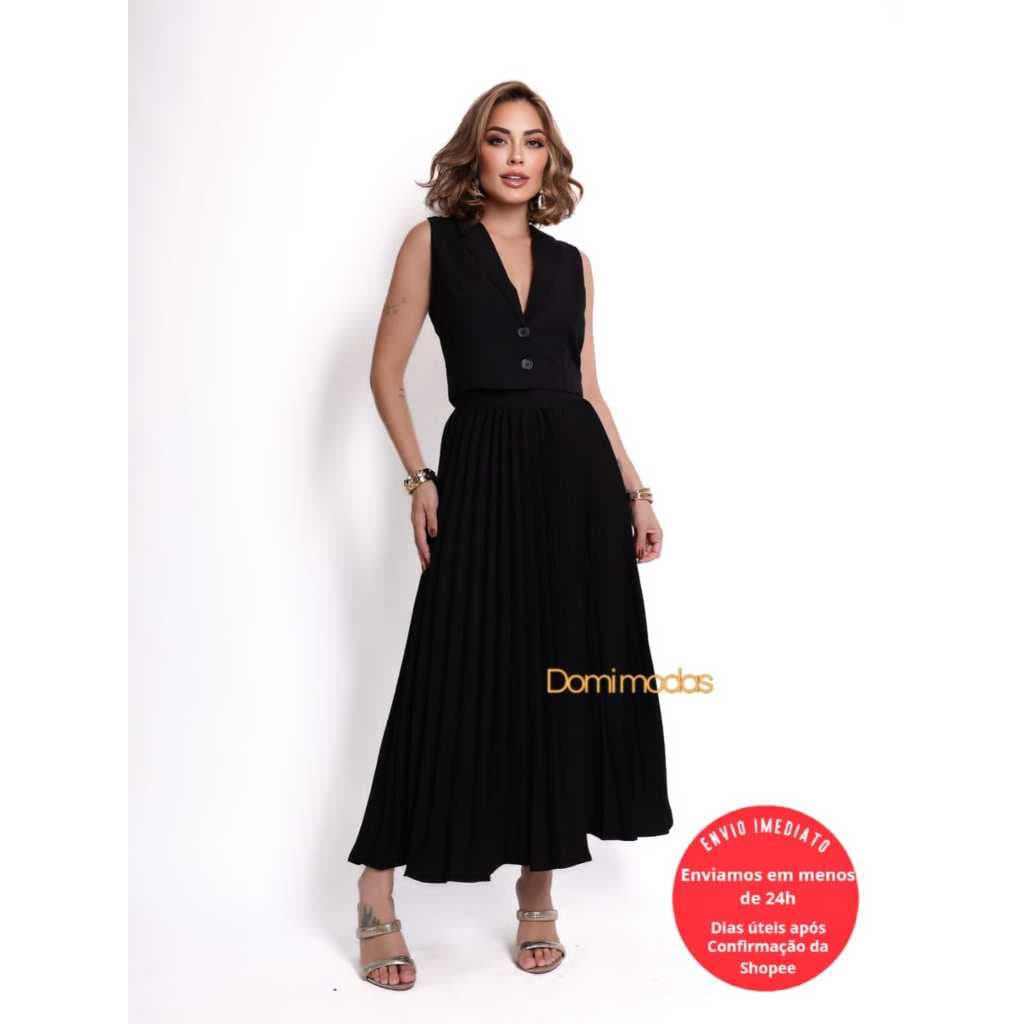 Domi Modas Conjunto Feminino Saia Plissada Camponesa e Colete Tecido Amarante 86600