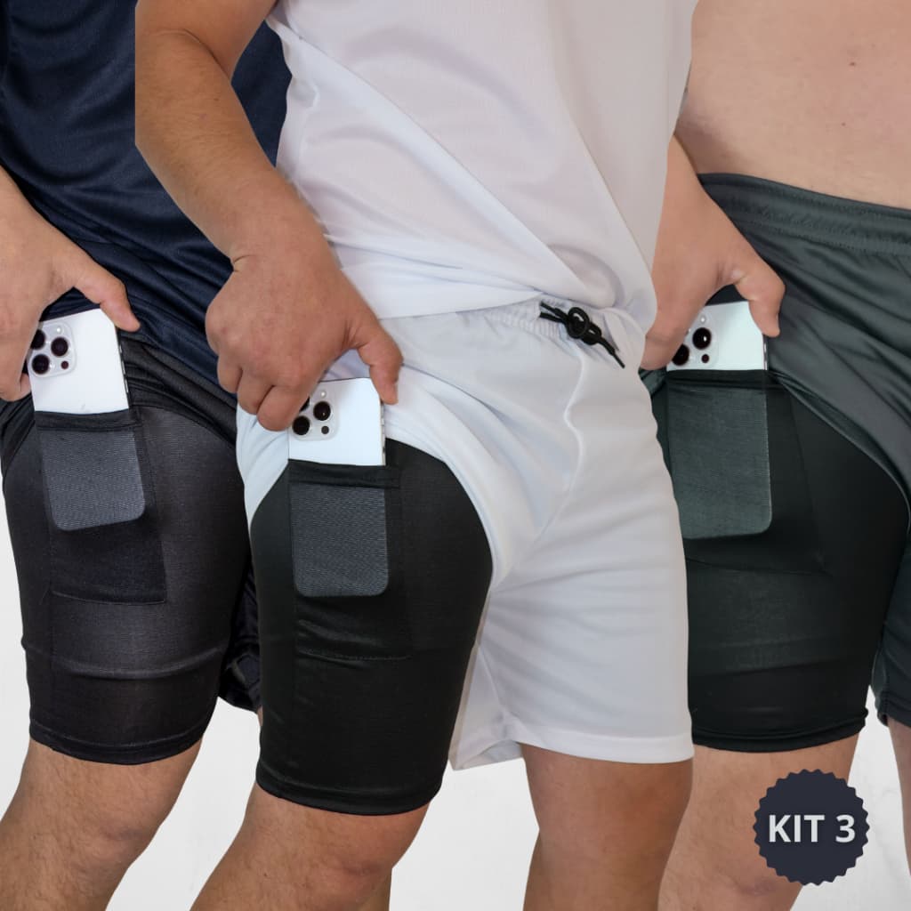 Kit 3 Shorts 2 em 1 Segunda Pele Corrida Academia Treino