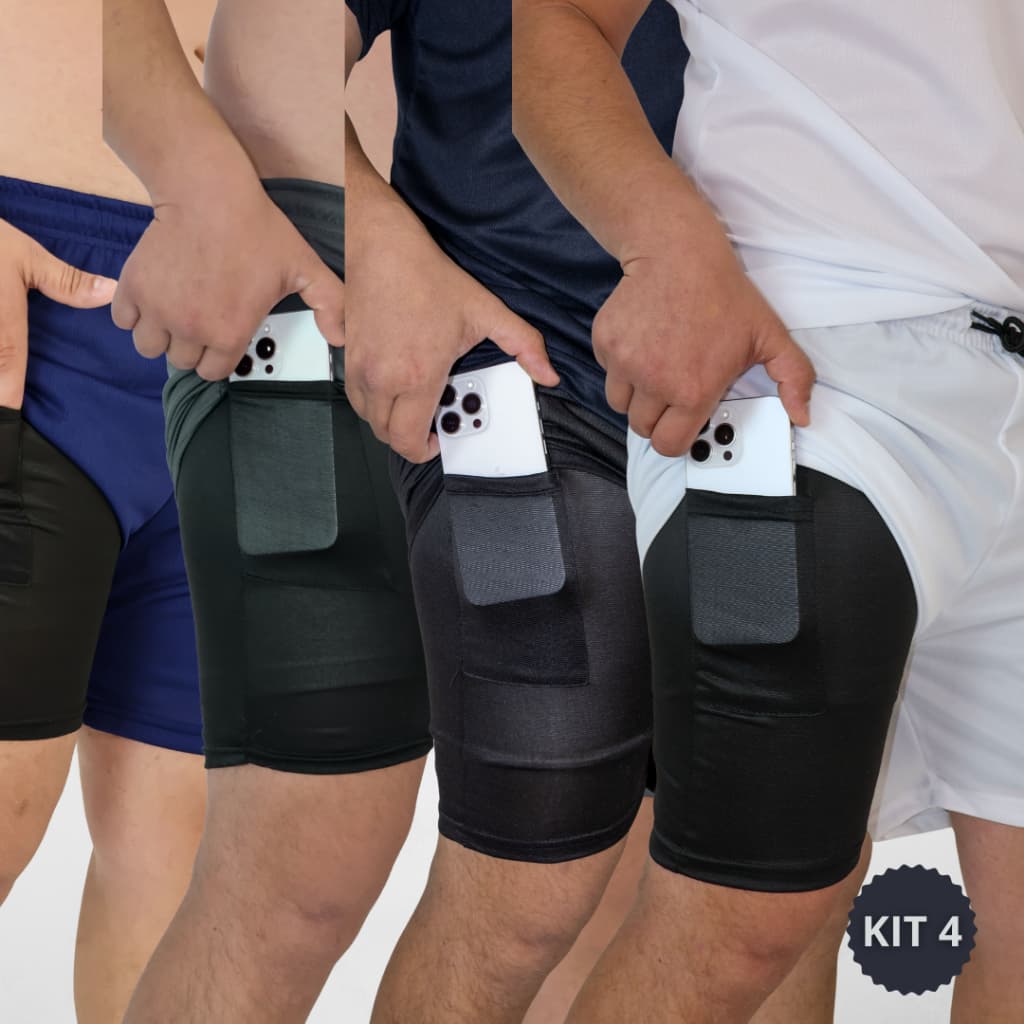 Kit 4 Short Masculino Bermuda 2 Em 1 Dry Fit Para Academia Corrida Treino Musculação