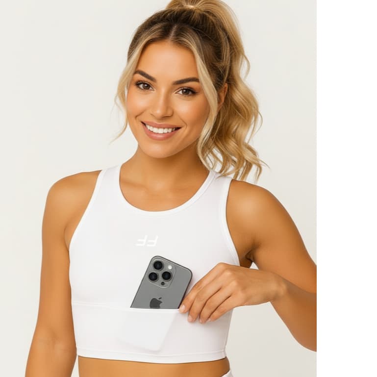 Top com Bolso Feminino Bojo Removivel para Corrida Academia Alta Sustentação Fitness Cropped