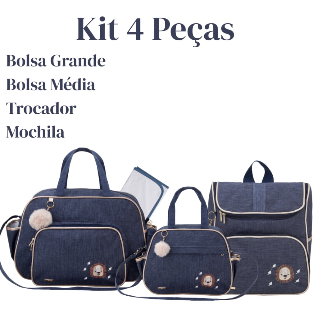 Kit Maternidade 4 Peças Bolsa Frasqueira Trocador e Mochila Azul Marinho Tendência