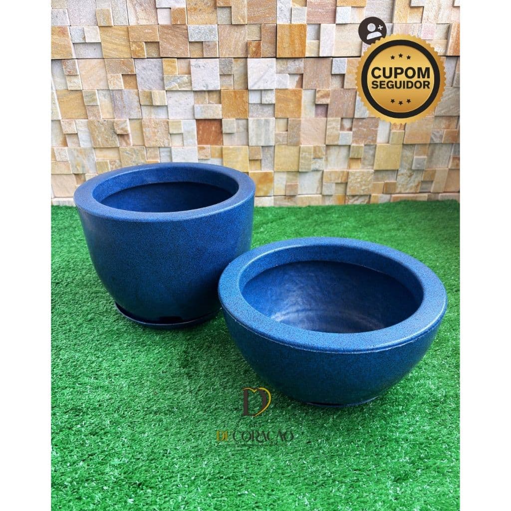 Kit 2 Vasos Decorativo p/ Planta - Bacia e Bojo c/ Prato Luxo Marmorizado Sala, Jardim ou Varanda PP