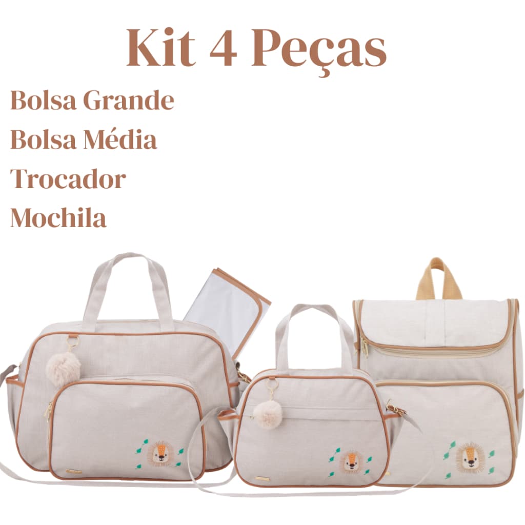 Kit Maternidade 4 Peças Bolsa Frasqueira Trocador e Mochila Bege com Caramelo Tendência