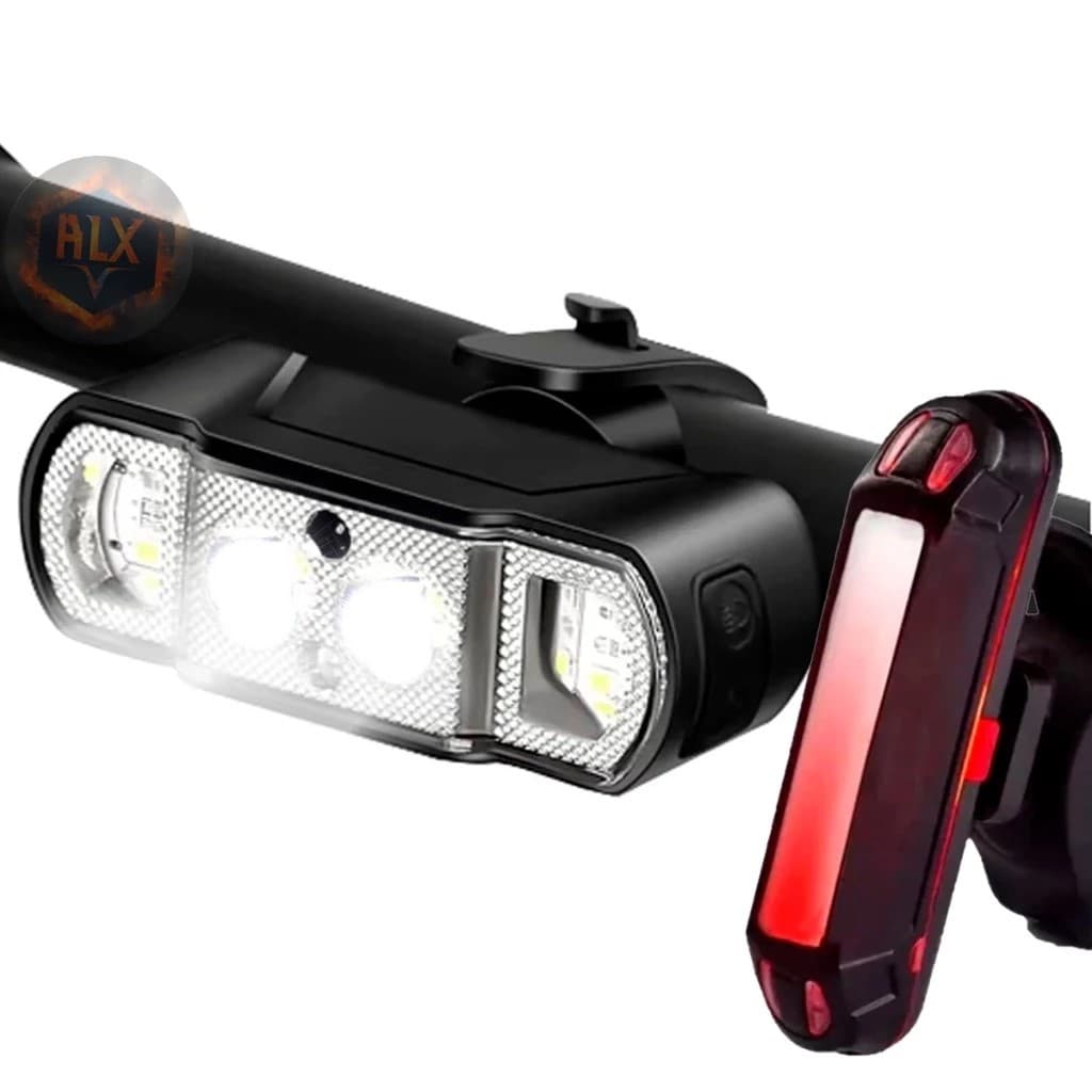 Kit Lanterna Sinalizador Pisca Traseira Bike Led Recarregável + Farol Bike Farol 4 Modos Prova D' Água com Sensor