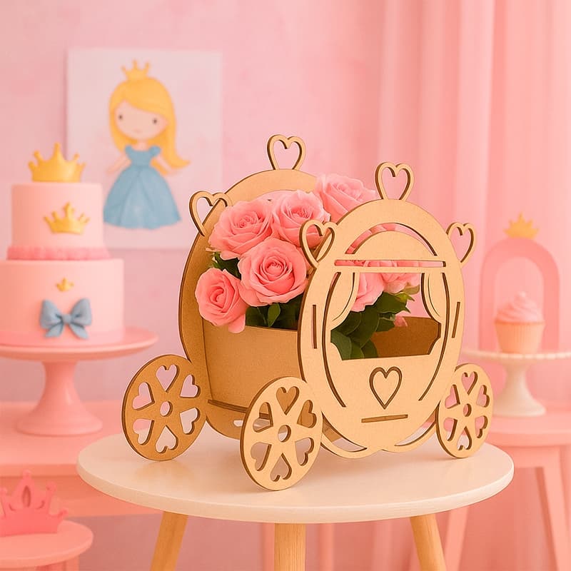 Kit Carruagem Princesa em MDF Cru Centro de Mesa Decorativo para Festas Infantis