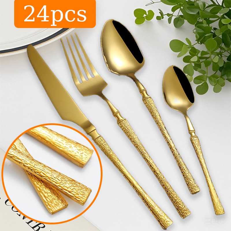 【Alta qualidade🍴】Kit 24 Jogo De Talheres Aço Inoxidável 416 Cintura Fina Textura Dourado