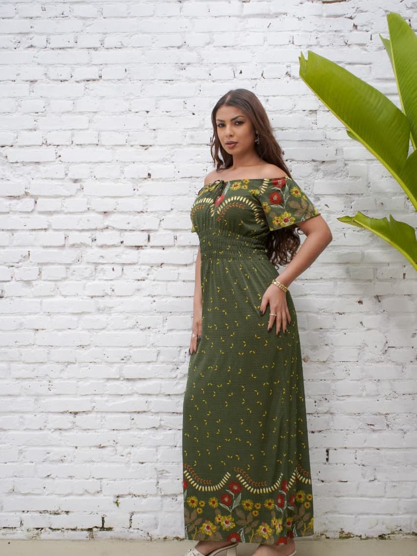 Vestido Longo ciganinha estampado manga curta malha fria envio imediato