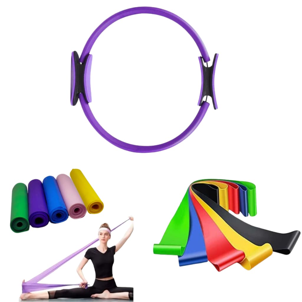Anel Pilates + Faixa Elástica + 5 Mini Band Yoga Arco Fisio Pelvica Gestante Ioga