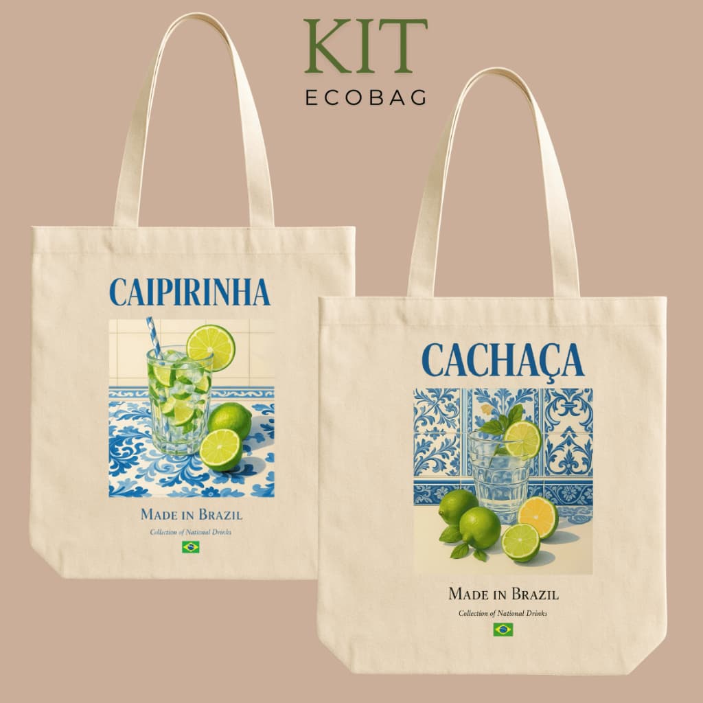Kit Bolsa Ecobag Caipirinha E Cachaça Moda Praia Verão Sacola Ecológica Casual Em Algodão Cru