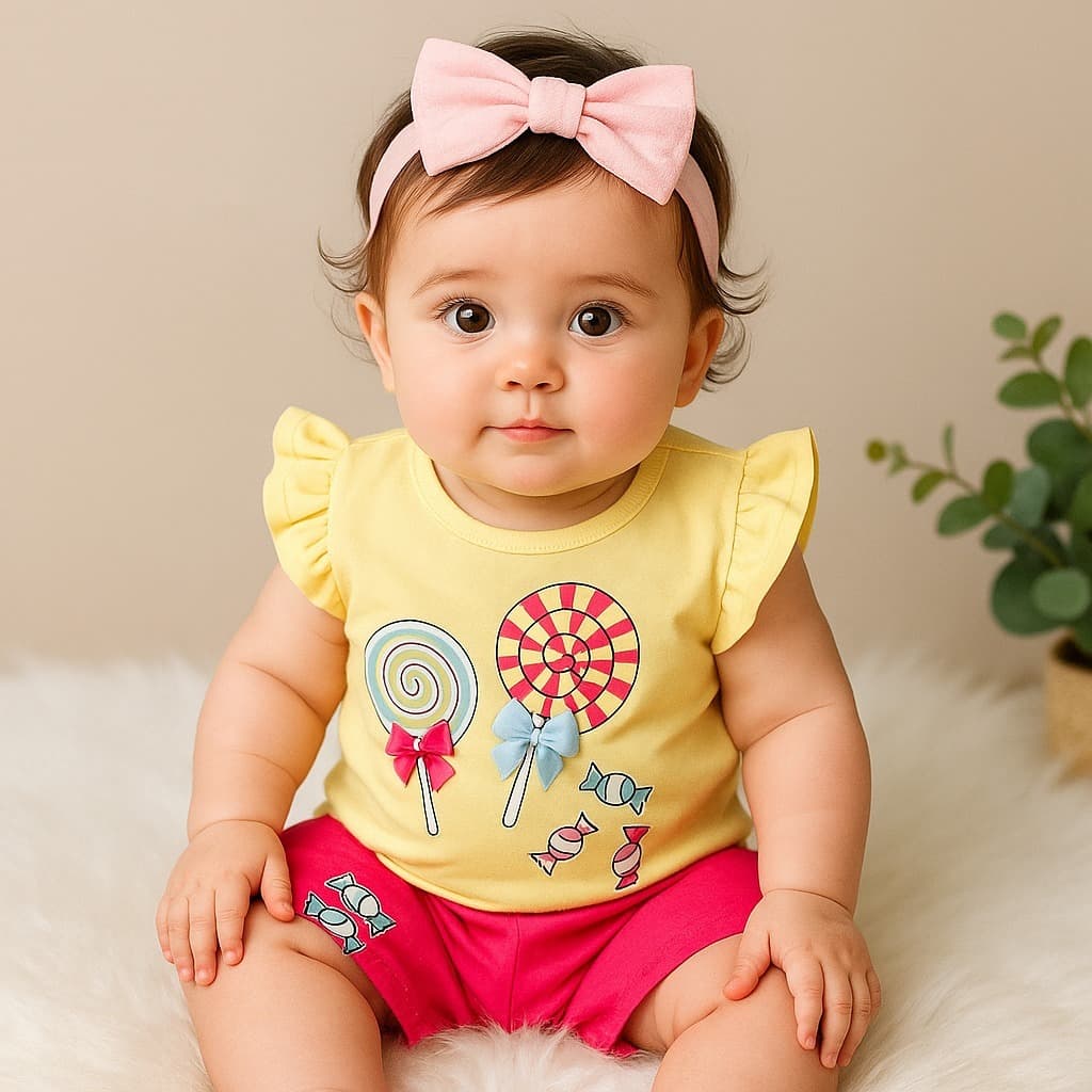 Conjunto Romper de Bebê Menina Tematico Mesversario Verão Pirulito Doce Cute Fofo 9 a 12 Meses