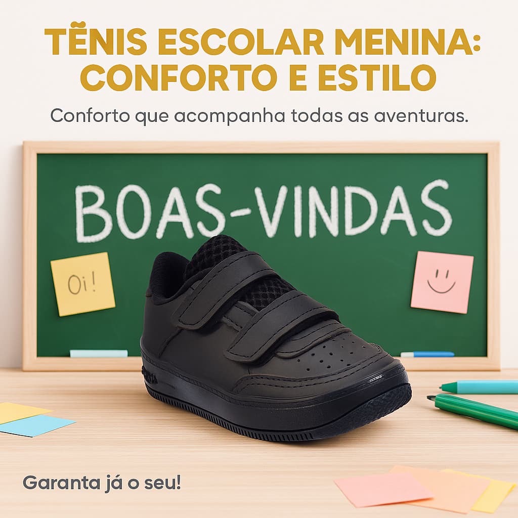 Tênis Velcro Preto Escolar Baby Infantil Menina - Leve e Confortável - 20 ao 33 Pronta Entrega