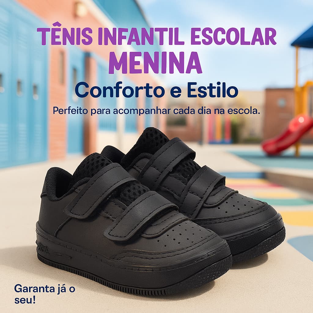 Tênis Velcro Preto Escolar Infantil Menina - Conforto e Estilo Para a Aula - 20 ao 33 Envio Imediato