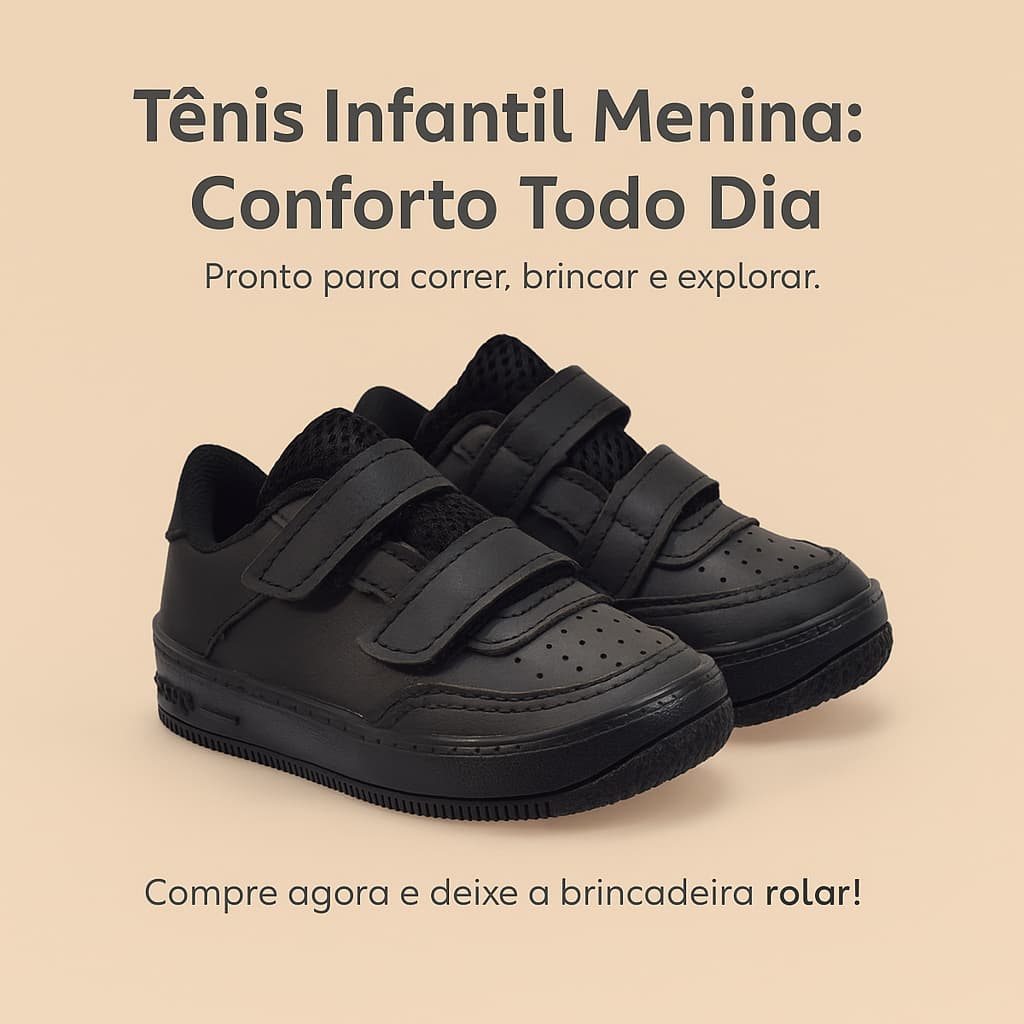 Tênis Preto Velcro Escolar Infantil Menina - Conforto Para Todo o dia - 20 ao 33 Estoque Rápido
