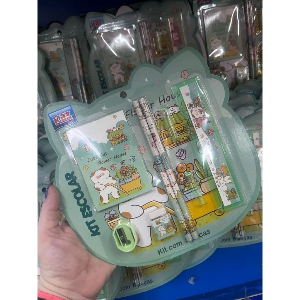 Kit Escolar com 8 Peças - Apontador, Borracha, Caderneta, Lápis Preto, Tampa e Régua - Papelaria Fofa Kawaii