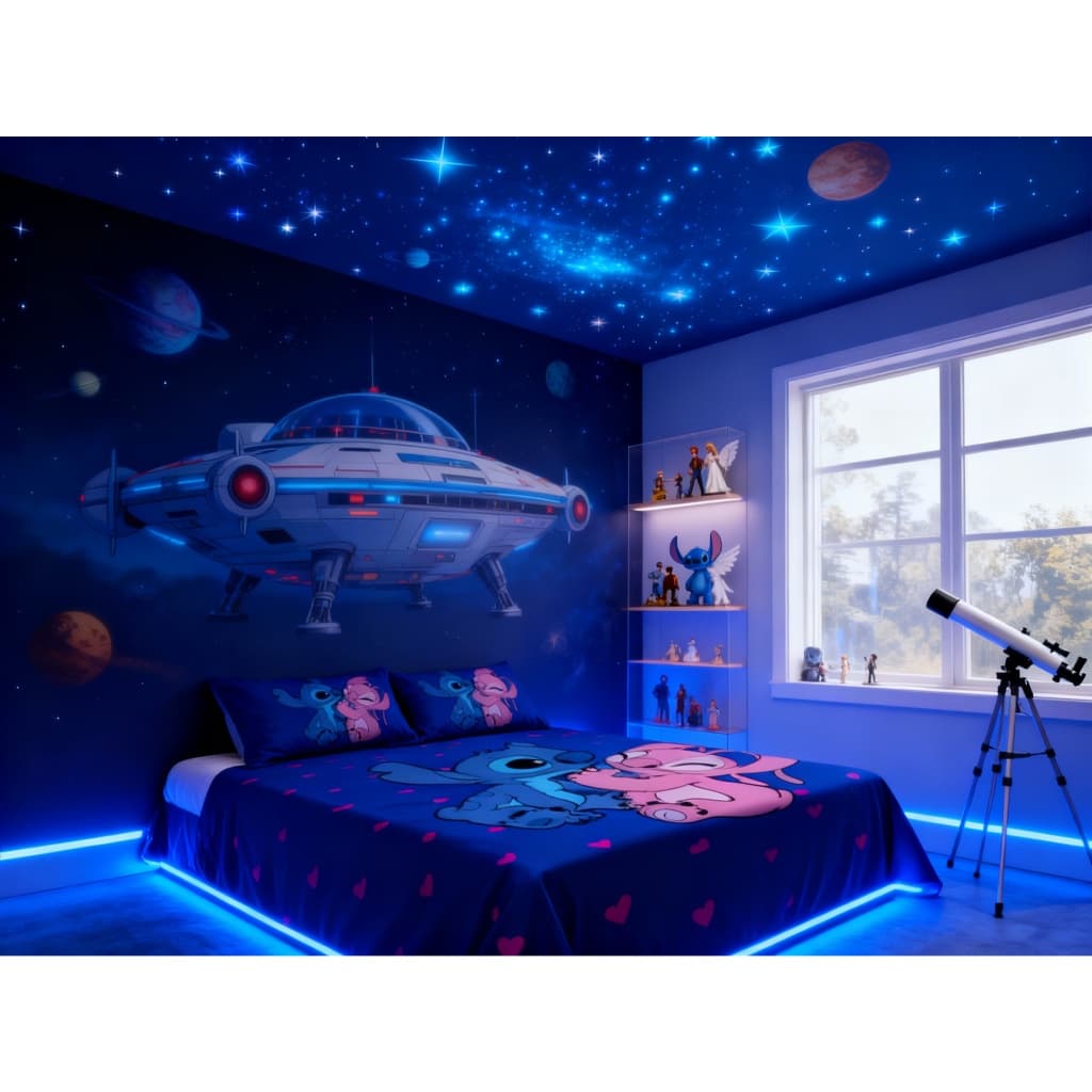Lençol Casal de Personagem Stitch e Angel sem elástico 3 Peças COR:LCC 51  Jogo Cama Colcha Infantil