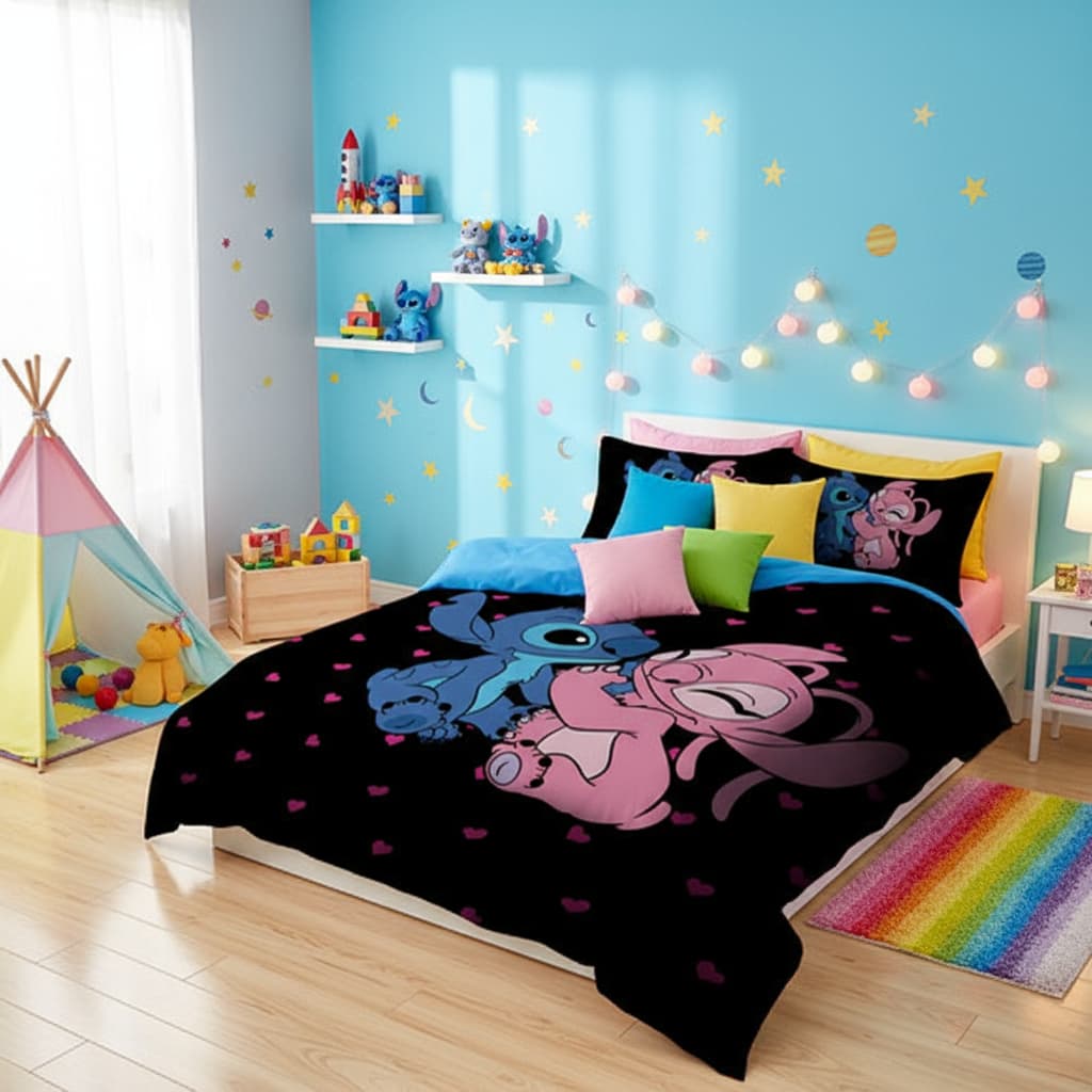 Lençol Casal de Personagem Stitch e Angel sem elástico 3 Peças COR:LCC 53 Jogo Cama Colcha Infantil