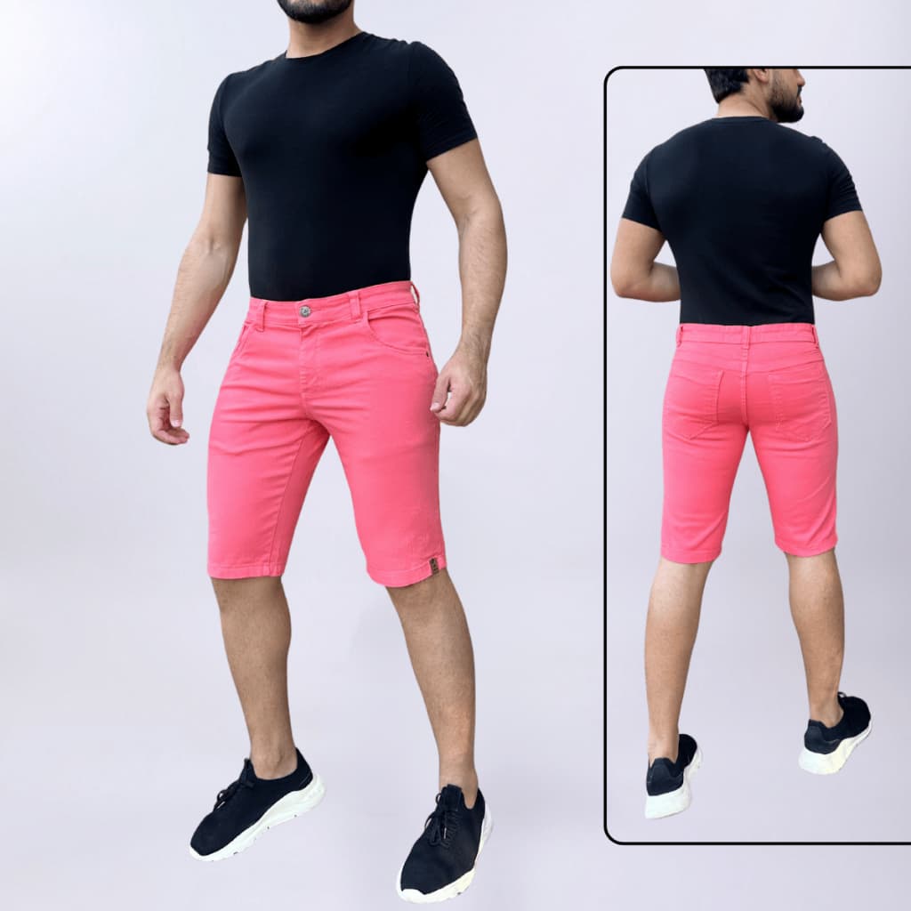 Bermmuda Salmão Short Masculino Sarja Brim Colorido Bolso Relógio Com Lycra Premium