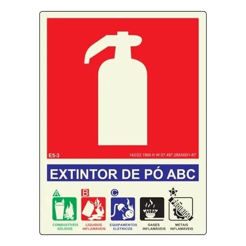Placa de sinalização Extintor classe ABC Fotoluminescente 20x15 cod E5-3