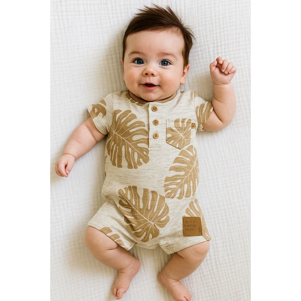 Macacão Curto Fakini Bebê Menino Mescla Marrom Folhas M