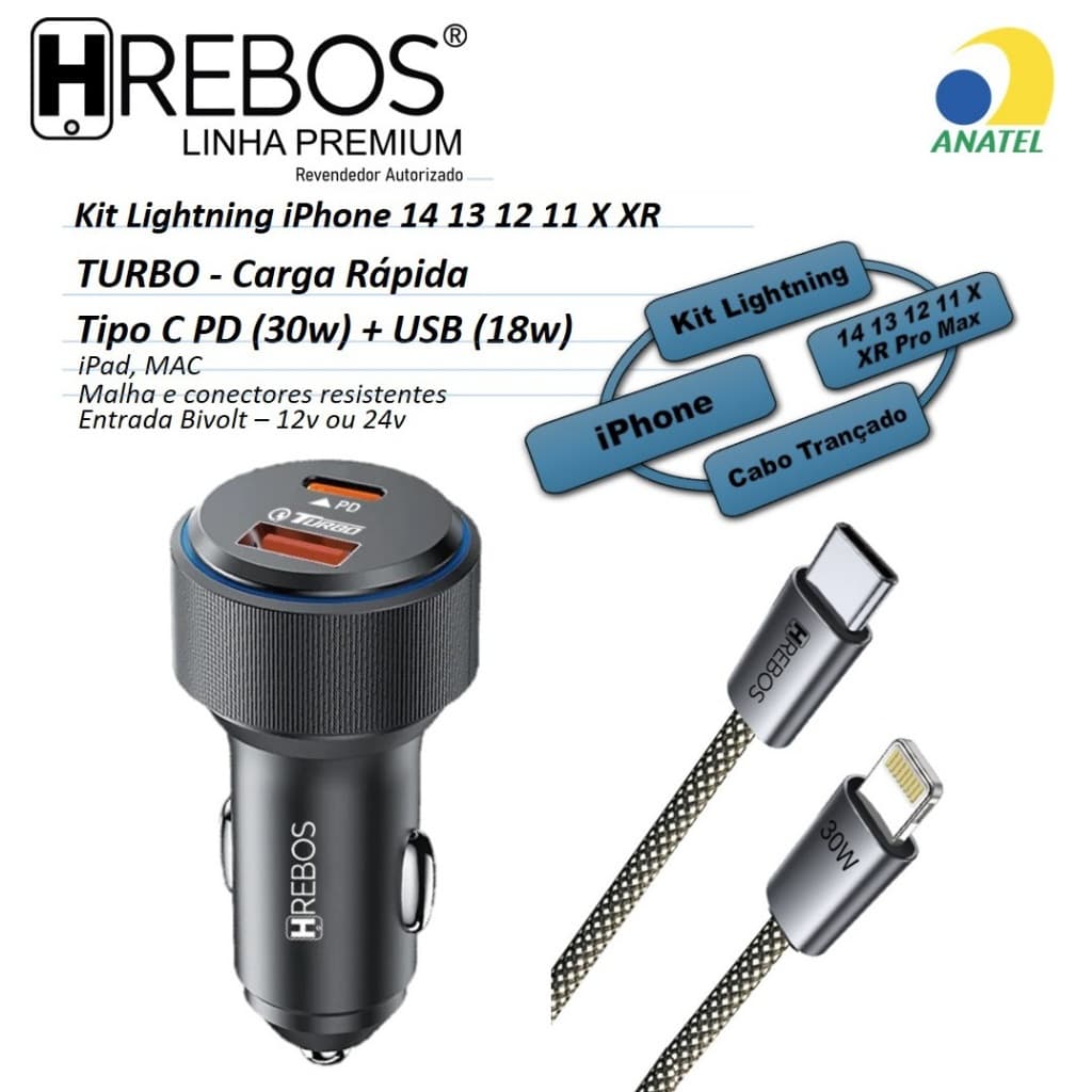 Carregador Veicular Kit Turbo iPhone 14 13 12 11 X XR Pro Max PD Power Delivery Cabo Lightning