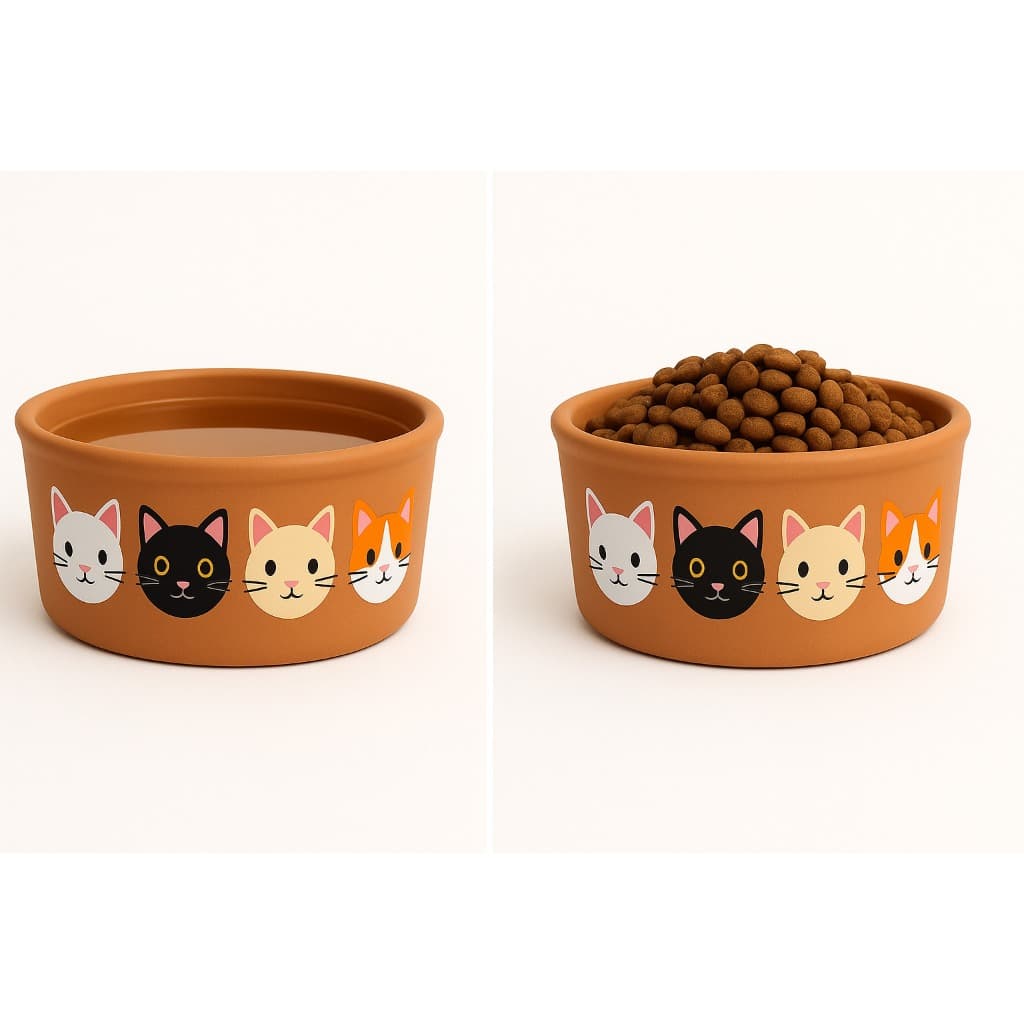KIT COMEDOURO PARA GATOS EM BARRO PINTADO À MÃO – 750ml (Água) ou 500g (Ração)