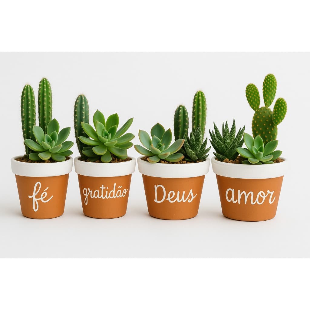 Kit 4 Vasos Decorativos Artesanais – Mensagens Positivas: Amor, Fé, Gratidão, Deus